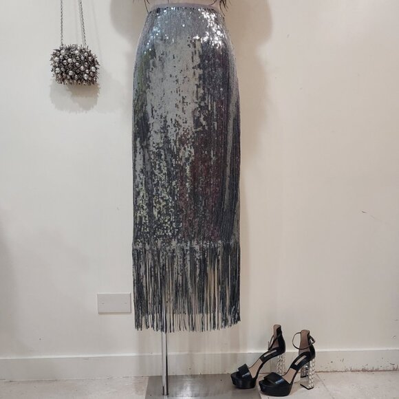 ๐ฅSHOWSTOPPER!๐ฅLulus 1920's Flapper Style Silver Sequin Fringe Pencil Skirt - Picture 7 of 16